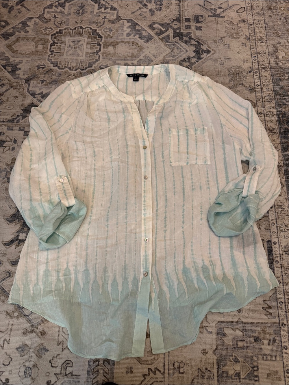Zac & Rachel Large Aqua White Tie Dye Stripe Button Front Roll Tab Blouse